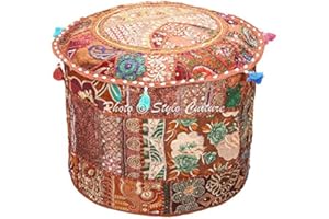 Stylo Culture Ottoman Pouffe Footstool Vintage Large Cover Brown Indian Embroidered Patchwork Cotton Traditional Round Fabric Pouf Ottoman Cover (22x22x13 Inch) 55cm (COVER ONLY)