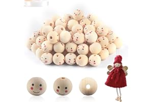 ALAHUGYEF 100 Stk 20mm Naturholzperlen mit Gesicht Holzperlen zum Auffädeln, Natürliche Holz Perlen, Holzkugeln mit Gesicht für DIY Makramee Dekorationen Bastelperlen, mit 1 x elastische Kristallkordel