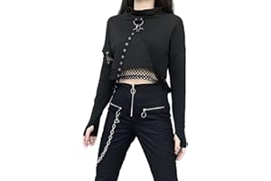 DINGJIUYAN Punk Metal Chain Solid Black Hoody Harajuku Hooded Cropped Tops Goth Grunge Long Sleeve