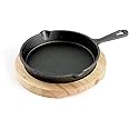 Winds Trading Cast Iron Sizzling Round Shaped Tray with Handle on Wooden Base Sizzling Tray , Black, 13-1387, Sizzling Pan, 14 cm