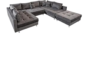 Riess Ambiente Moderne XXL Wohnlandschaft Kent 305cm grau Samt Bigsofa inkl. Hocker Federkern Samtsofa Samtcouch Ecksofa Eckc