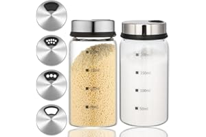 Aieraczy 200ml Salt Shaker with Adjustable Pour Holes, 2 Pack Salt Pepper Shaker, Spice Shaker, Glass Spice Jar with Shaker lids, Salt Cellar Salt Container Salt Dispenser for Seasoning Kitchen
