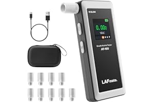 Alcoholímetro LAFMATE, Tester de Alcohol de Alta Precisión con Ajuste de Umbral de Alarma, Pantalla Digital LCD, Memoria para 10 Tests, Incluye 10 Boquillas – Perfecto para Uso en Casa