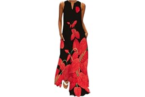 ZEIAYUAS Boho Beach Dresses for Women UK Sleeveless V Neck Maxi Dresses Floral Print Long Dresses with Pocket Summer Casual Vintage Sundress Swing A-Line Dress Going Out Lounge Dress