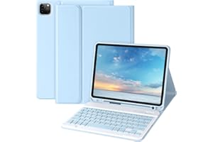 AMZCASE Coque Clavier pour iPad 10.9" Air 5e Gén 2022,Étui avec Pen Holder pour iPad Pro 11" 2022/2021/2020/2018,Housse iPad Air 4e Gén 2020 avec Magnétique Détachable Sans Fil Clavier AZERTY Français (Bleu)
