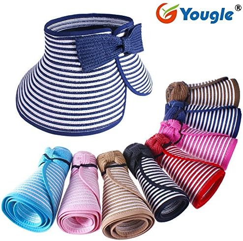 Fhouses Fashion Girl Lady Beach Sun Foldable Wide Brim Straw Hat Cap Bow Straw Hat (Gold White Striped)