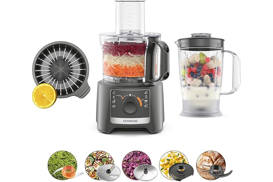 Kenwood MultiPro Compact FDP31.360GY Multifunctional Food Processor with Blending Blade, Dough and Slicing Disc, Juicer, 1.2L Blender, 2 Speeds+Pulse, Bowl 2.1L, 800W, Grey