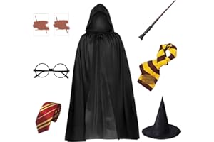 JSTHHTT Costume da Mago, Set di 12 costumi da mago, Kit Cosplay Mago Magico, Bacchetta Magic, Halloween Occhiali Neri Rotondi Occhiali Senza Lenti, per Halloween Carnevale Feste Cosplay
