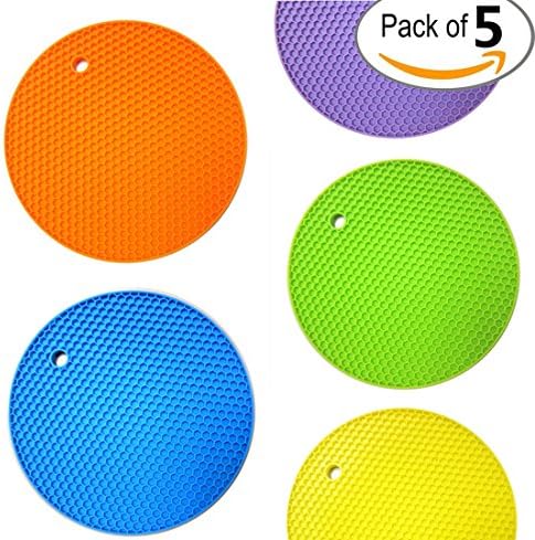 Safety Food Grade Set of (5) Premium, 5 in 1 Multipurpose Silicone Kitchen Tool: Trivets, Pot Holders, Spoon Rest, Jar Opener, Coaster ★ Heat Resistant Hot Pads ★Thick &amp; Flexible ★ Great Gifts for Her