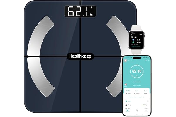 Healthkeep Pèse Personne Numériques, Balance Connectée Bluetooth Impédancemètre avec 13 Données Corporelles (BMI/Graisse Corporelle/Masse Osseuse/BMR/Muscle/Eau) pour APP Max 180kg