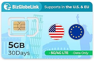 EIOTCLUB Tarjeta SIM de viaje global, 5 GB de datos para 30 días en 33 países europeos y Estados Unidos, 5G, recargable, sin número de teléfono, plug and play