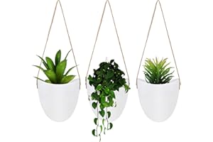 FairyLavie Ceramic Wall Hanging Planter Indoor for Succulent,Cactus,Air Plants,House Hanging Pots Set with Leather Strap,Set of 3
