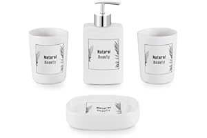 GERUIKE Badezimmer Zubehör Set 4-Teilig, Seifenschale Keramik, Zahnputzbecher Ohne Bohren, Seifenspender Bad Lotionsspender, Badezimmerbecher - Gras Weiß Badezimmer Set Keramik