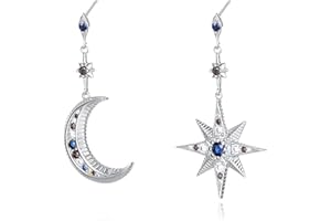 Bellitia Jewelry Boucles d'oreilles Pendentifs étoile lunaire en argent sterling 925, Boucles d'oreilles asymétriques avec 5A zircone cubique pour femme, Boucles hypoallergéniques