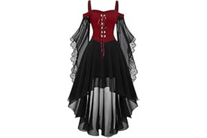 HAOLEI Medieval Costume Women, Halloween Dresses Vintage Lace Renaissance Victorian Dress Cold Shoulder Butterfly Sleeve Retro Steampunk Rockabilly Goth 80s Dress Ladies