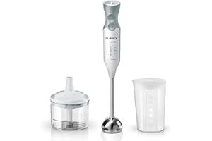 ‎BOSCH Bosch Stabmixer ErgoMixx, Edelstahl-Mixfuß, Mix- und Messbecher, 4-Klingen-Messer, Zerkleinerer, ergonomisches Design, 12 Stufen plus Turbo, 600 W, weiß/grau, MSM66120