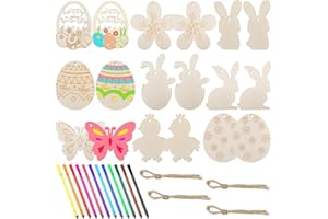 SWZY 36pcs Easter Unfinishied Wooden Slices, Easter DIY Hanging Eggs for Kids Craft with Hemp Jute Ribbon With watercolor pen,Easter Party Supplies DIY Decor