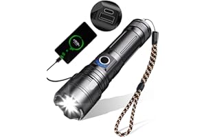 Maxesla Lampe Torche LED Ultra Puissante, 10000 Lumens, Tactique, 5 Modes, USB, IPX5 Étanche, Zoomable Antichoc, pour Camping Urgence (Avec Rechargeable Batterie)