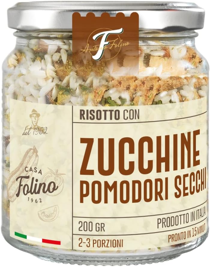 CasaFolino Risotto listo calabacín y tomates secos, 200 g, platos preparados para arroz carnaroli sin gluten sin lactosa (200 g, Calabacines y tomates secos)