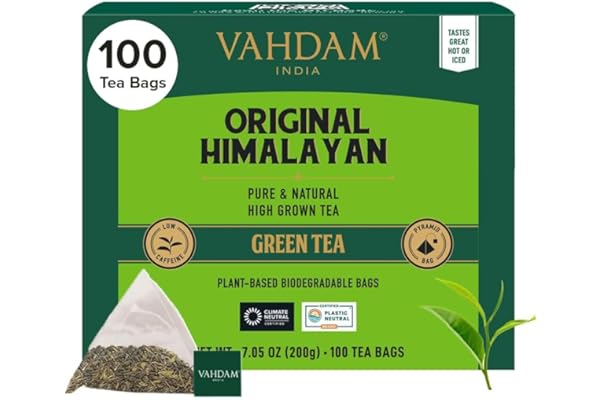 VAHDAM, Himalayan Té Verde (100 Piramidales Bolsitas De Té) 100% Pura Y Natural | Envasado Fresco En La India | Caliente, Frío O Como Kombucha