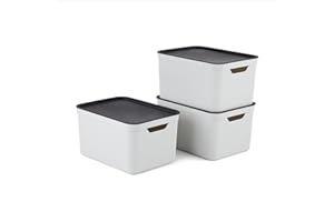 ROTHO Jive Dekobox 3er- Set Aufbewahrungsbox 16l mit Deckel, Kunststoff (PP recycelt), weiss/anthrazit, 3x16l (37.5 x 27.8 x 29.8 cm)