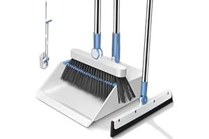 ‎MASTERTOP MASTERTOP Besen und Kehrschaufel Set mit Wasserabzieher, 3er Kehrbesen Besen Set mit Stiel, Aufrechte Kehrmaschine Schaufel und Besen Set für Haus, Büro, Lobby, Terrasse (Blau+Weiß)