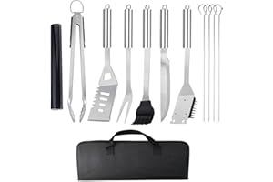 INRIGOROUS 12Pcs BBQ Tools Set with Locking Tongs, Grill Mat&Carry Bag-Stainless Steel Barbecue Accessories Kit Including Spatula,Fork,Knife,Skewers&Cleaning Brush for Outdoor Cooking,Camping,Picnics