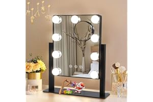 Depuley Hollywood lustro do makijażu z oświetleniem, obracane o 360° lustro z 3 kolorami światła, 9 przyciemnianych diod LED, czarne lusterko kosmetyczne z oświetleniem, do toaletki, łazienki, salonu