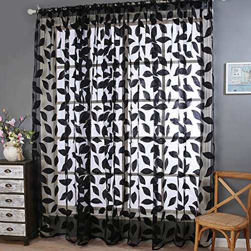 1er Pack Blätter Muster Garn Gardine Wohnzimmer Vorhänge, Schwarz, B/H 100cm/200cm - 3