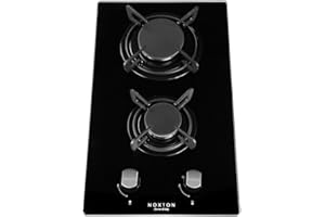 NOXTON Gas Hob 2 Burner with LPG/NG Kit, Built-in Gas Cooker Plug & Go Easy Installation, Black Tempered Glass Easy to Clean, Cast Iron Pan Support, Flame Out Protection Prevent Gas Leakage