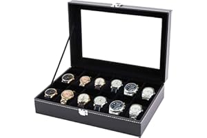 Tebery Contenitore per orologio con 12 scomparti per orologi e gioielli, Cofanetto Porta Orologi in Pelle con Coperchio in Vetro & Cuscinetti Rimovibili