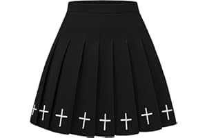 DINGJIUYAN Punk Cross Print Dark Mini Skirts Chain Belt Black Uniform Pleated Skirt