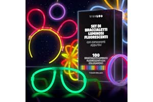 Vivaloo braccialetti luminosi fluorescenti 100pz + accessori party starlight - bracciali luminosi fluorescenti + connettori per braccialetti luminosi, occhiali, sfere etc.