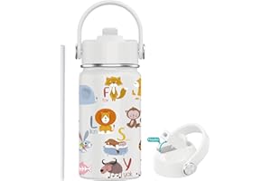 Mi Ko Mi Ka Botella de Agua para Niños de Acero Inoxidable 350ml - Botella Térmica Reutilizable | Sin BPA | Mantiene 24H Frio / 12H Calor | Termo y Hermética - Doble Pared a Prueba de Fugas (Animales)