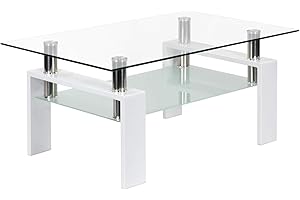 MOG CASA Mesa de Centro Porter Moderna con Tapa de Cristal Transparente y Base de Metal Blanco (100x60 cm)