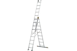 DRABEST - MAX Scala Pieghevole Professionale in Alluminio - 3 x 9 Gradini -5,3 m - Industriale - fino a 150 kg - 3 Sezioni - Per Edilizia - Multiuso - Allungabile - Regolabile - Scaletta
