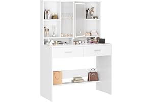 Airfish Tocador de Maquillaje con Espejo y Luces LED, 3 Colores Brillo Ajustable, Mesa de Maquillaje con Espacio para Joyas, Estantes Ajustables,9 Ganchos y 2 Cajones, 90x40x135,8 CM Moderno, Blanco