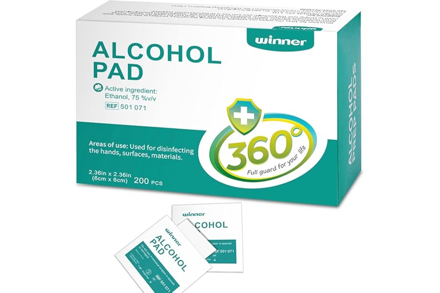 Winner Medical Alcohol Wipes 6cm*6cm, 200 Pcs, 75% Ethanol Hand & Skin Disinfecting Wipes, Individually Wrapped Sterile Alcohol Swabs, 4 Layers of Sterile Alcohol Pre Pads