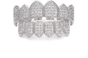 MCSAYS Hiphop Teeth Grill Set(Top&Bottom) Full Crystal CZ Iced Out Gold/Sliver Color Tooth Grills Cap For Men/Women (Silver)