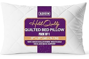 adsin Quilted Bed Pillows 1 Pack Hotel Quality (48cm x 74cm), Hypoallergenic & Breathable Cover, Soft & Supportive Bounce-Back Hollowfibre Luxury Pillows for Stomach, Back & Side Sleep, Standard Size