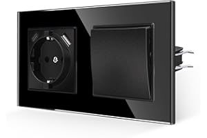 JIMEIDA Interruptor de luz con toma de corriente en negro, 16 A, toma de cristal con carga rápida USB y puerto tipo C, toma de corriente de pared empotrable, 157 x 86 mm, 250 V