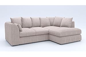 GAMZO OUTLET New Gamzo Fabric Corner Sofa Silver | Soft Jumbo Cord 3-4 Seater Corner Sofa Left/Right Hand Facing) (Cream, Right Hand Facing)