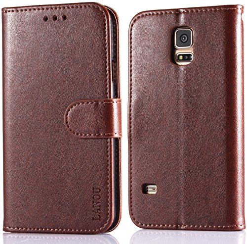 Galaxy S5 Hülle, S5 Hülle, LANOU Ledertasche im Bookstyle Handyhülle mit Ständer + Kartenfach PU-Leder Tasche Flip Handys Case Multifunktionale Brieftasche Etui Schutz Hülle für Samsung Galaxy S5 / i9600 (Kaffee Braun)