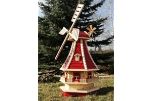 HOLZDEKOLADEN Große Windmühle mit Solar 1,30 m rot/natur Typ 3.1