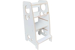 BABYLIKE Montessori Lernturm für Kinder | Lernstuhl ab 1 Jahr | Learning Tower | Tritthocker mit 2 Stufen & verstellbaren Fachböden | Weiss