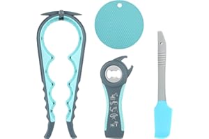 AMROICUS Apribarattoli e Apribottiglie per Anziani e Mani Deboli, Set 4 Pezzi Multiuso con 5-in-1 Apribarattolo, Apribottiglie, Tappetino Antiscivolo in Silicone e Spatola