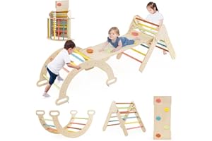 COSTWAY 7 en 1 Triángulo de Escalada de Madera para Niños, Juego de Escalada con Triángulo, Arco, Rampa para Deslizarse o Escalar, Set de Escalada Montessori para Niños 1+ Año (Multicolor de Macaron)