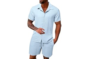 POIUIYQA Conjunto de vestido para hombre de verano de lino transpirable de color liso con solapa y pantalones cortos para hombre