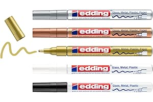 edding 751 Marcatori a Vernice Lucida, Nero, Bianco, Oro, Argento, Rame, Set da 5, Punta Rotonda 1-2 Mm, Pennarello Indelebile per Vetro, Pietra, Legno, Plastica, Impermeabile, Alta Copertura