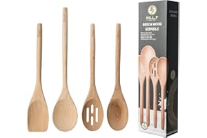 BF BILL.F SINCE 1983 Beech Wooden Cooking Utensil Set, Kitchen Cooking Tools Kitchen Gadgets 4 pieces Spoon & Spatula Mix Perfect for Nonstick Pots and Pans Cookware Turner